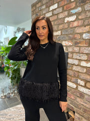 Black Premium Faux Feather Trouser Set Teya