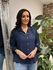 Navy Fringed Button Sleeve Shirt Tanya