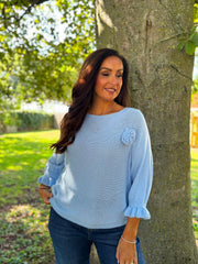 Light Blue Applique Ruffle Sleeve Knit Crystal