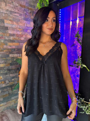 Black Lace Trim Diamante Vest Amber