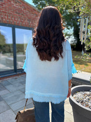 Blue Frayed Detail V Neck Top River