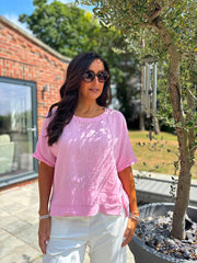 Pink Striped Textured Linen Top Anais