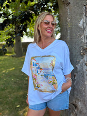 White Mediterranean Coastal Print Tee Carol
