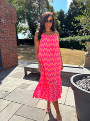 Neon Pink Retro Print Bubble Cotton Dress Athena