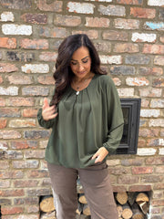 Khaki Pleat Detail Chiffon Blouse Molly