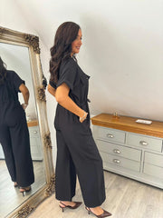 Black Wide Leg Collared Jumpsuit Carrie