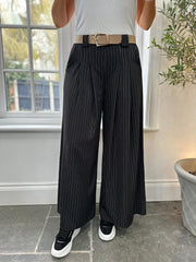 Black Tailored Wide Leg Pinstripe Trousers