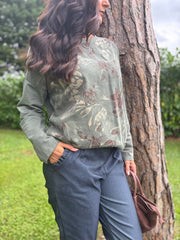 Khaki Crochet Hem Floral Top Ellis