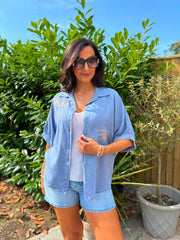 Denim Linen Studded Palm Shirt Ruby