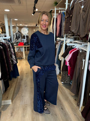 Navy Cropped Sequin Panel Wide Leg Trousers