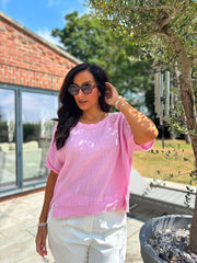 Pink Striped Textured Linen Top Anais