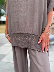 Mocha Sequin Trim Top Astrid