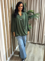 Khaki Crepe Crossover Blouse Tiffany