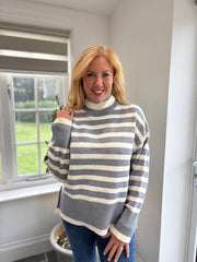 Grey Striped Roll Neck Knit Evie