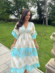 Blue Tiered Golden Leaf Kaftan Dress Molly