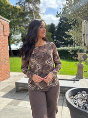 Chocolate Sheer Swirl Print Top Hope