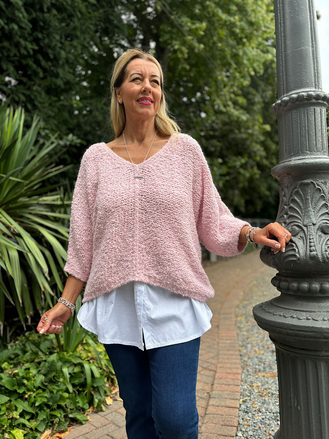Pink Popcorn V Neck Knit Gaynor