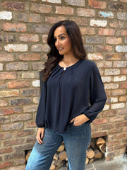 Navy Pleat Detail Chiffon Blouse Molly