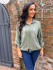 Khaki Sequin Pocket Bubble Cotton Shirt Helen