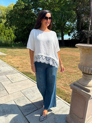 White Asymmetric Lace Trim Top Maria