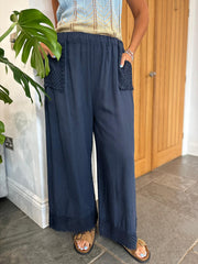 Navy Multi Hole Detail Trousers Terri