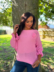 Pink Applique Ruffle Sleeve Knit Crystal
