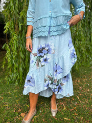 Blue Asymmetric Floral Frill Skirt Amy