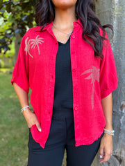 Red Linen Studded Palm Shirt Ruby