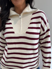 Wine Striped Zip Collar Knit Charlie
