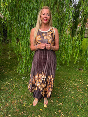 Chocolate Pleated Floral Stripe Dress Leona
