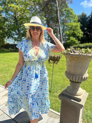 Blue Tile Print Ruffle Dress Natalia