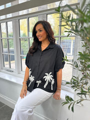 Black Tropical Palm Embroidered Blouse Anya