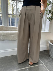 Mocha Tailored Wide Leg Pleat Trousers