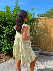 Yellow Bubble Cotton Leopard Dress Crystal