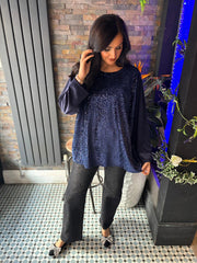 Navy Velour Sequin Panel Top Aurora