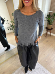 Grey Long Sleeve Fringed Knit Amara
