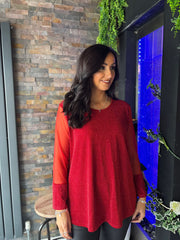 Red Sparkle Mesh Sleeve Top Lucy