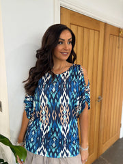Navy Cold Shoulder Patterned Top Suzie