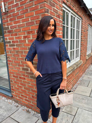Navy Lace Sleeve Fine Knit Becca