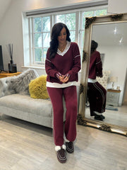Wine Striped V Neck Sweater Set Pam