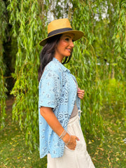 Blue Bubble Cotton Paisley Short Sleeve Shirt Jackie