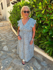 Denim Bubble Cotton Leopard Print Maxi Dress Tillie