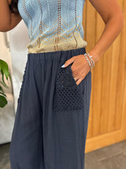 Navy Multi Hole Detail Trousers Terri