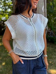 White Crochet Net Sleeveless Jacket Sharon