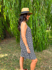 White Greek Key Sleeveless Dress Cleo