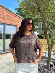 Chocolate Striped Textured Linen Top Anais