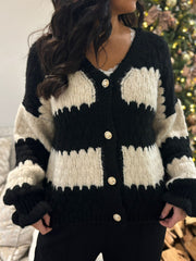 Black Block Stripe Knitted Cardigan Elle