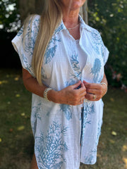 White Blue Coral Print Blouse Stacey