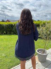 Navy Bubble Cotton Crochet Hem Blouse Jo