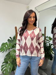 Wine Argyle Knit Top Georgia